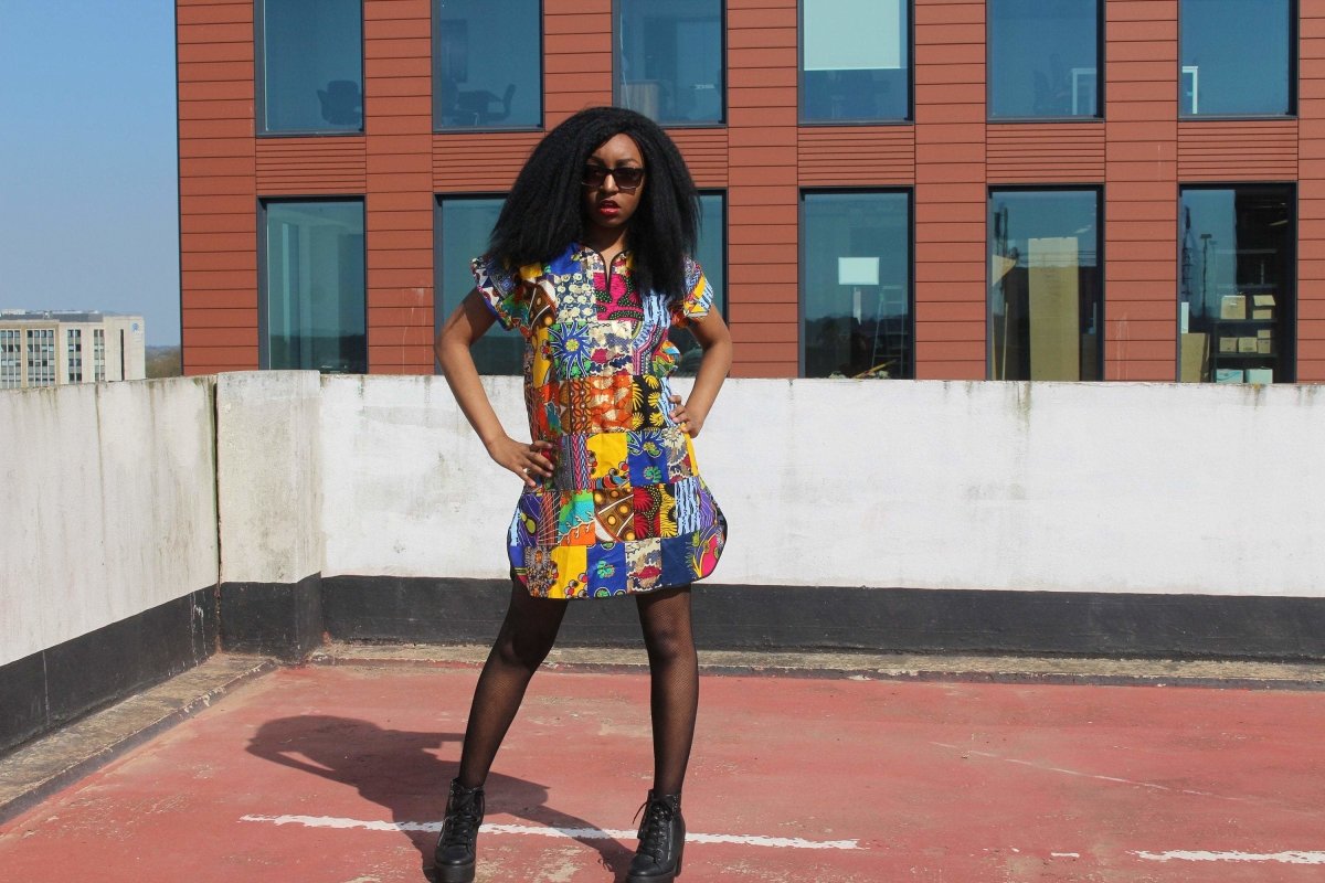 African Patchwork Dress, Shift Dress in Black Ankara Print - Festival Dress - Continent Clothing