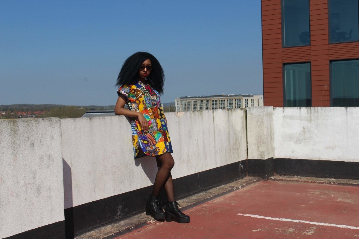 African Patchwork Dress, Shift Dress in Black Ankara Print - Festival Dress - Continent Clothing