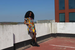 African Patchwork Dress, Shift Dress in Black Ankara Print - Festival Dress - Continent Clothing