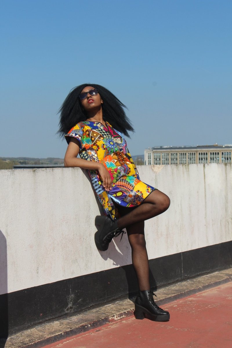 African Patchwork Dress, Shift Dress in Black Ankara Print - Festival Dress - Continent Clothing