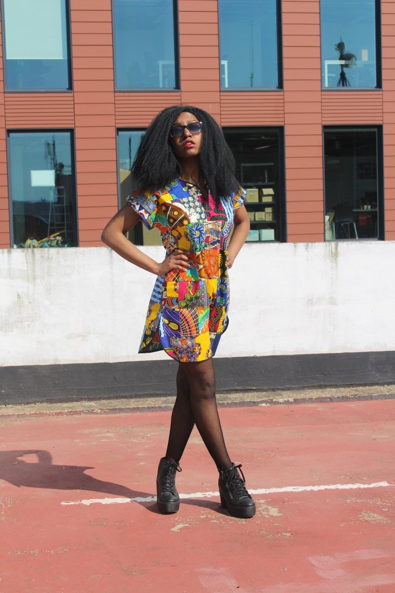 African Patchwork Dress, Shift Dress in Black Ankara Print - Festival Dress - Continent Clothing