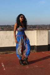 African Print Jumpsuit in Blue Dashiki Print - Festival Jumpsuit - Continent Clothing 