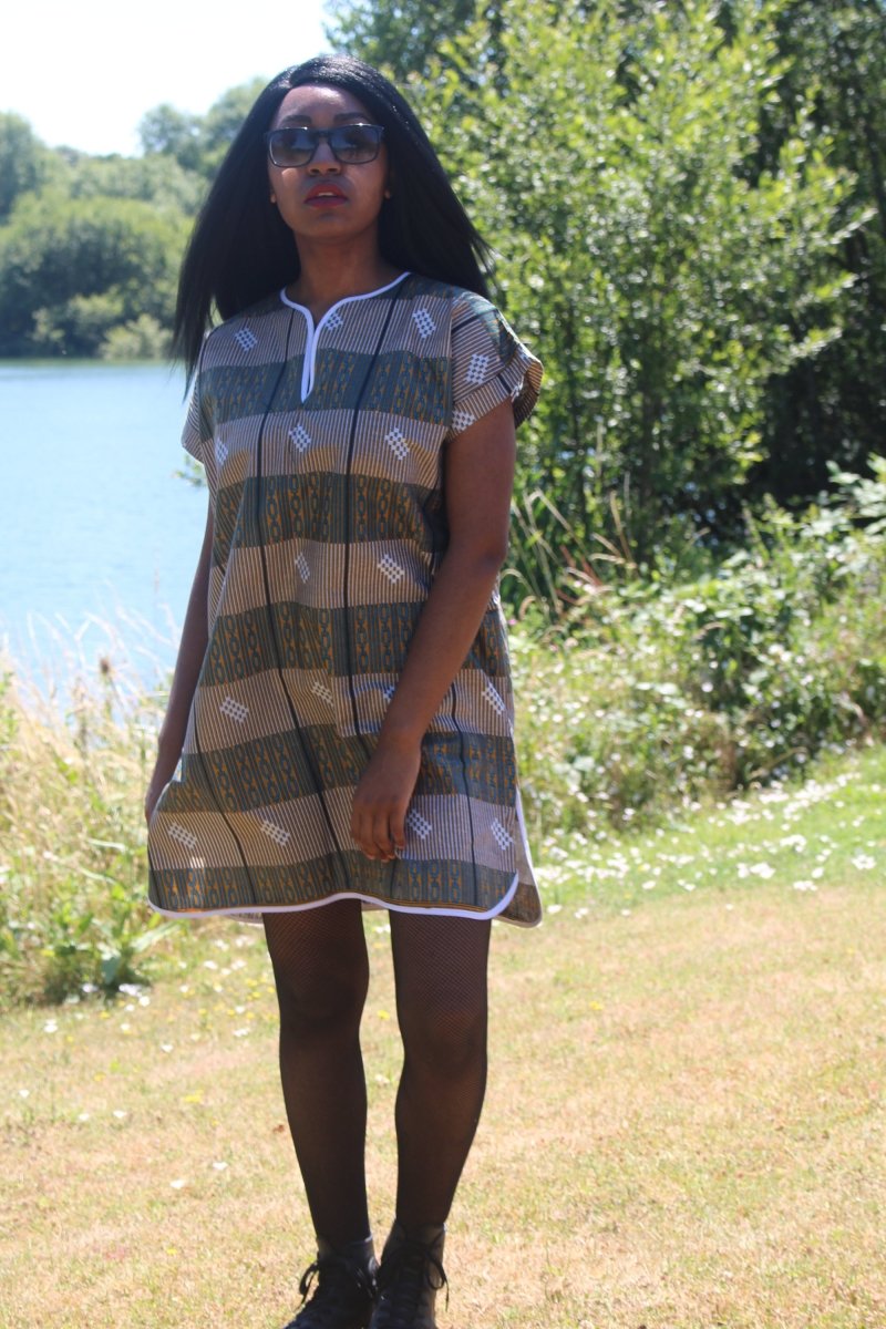 African Print Shift Dress is blue Kente - Continent Clothing