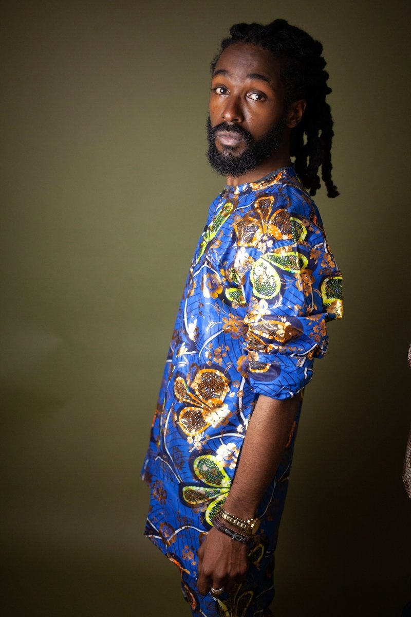 African Print Shirt in Gold Blue Ankara - Continent Clothing