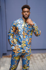 African Print Shirt in Gold Blue Ankara - Continent Clothing