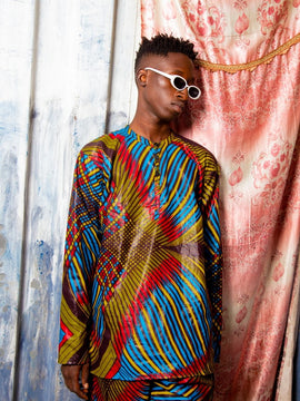 Maglietta di stampa africana in blu e giallo Ankara