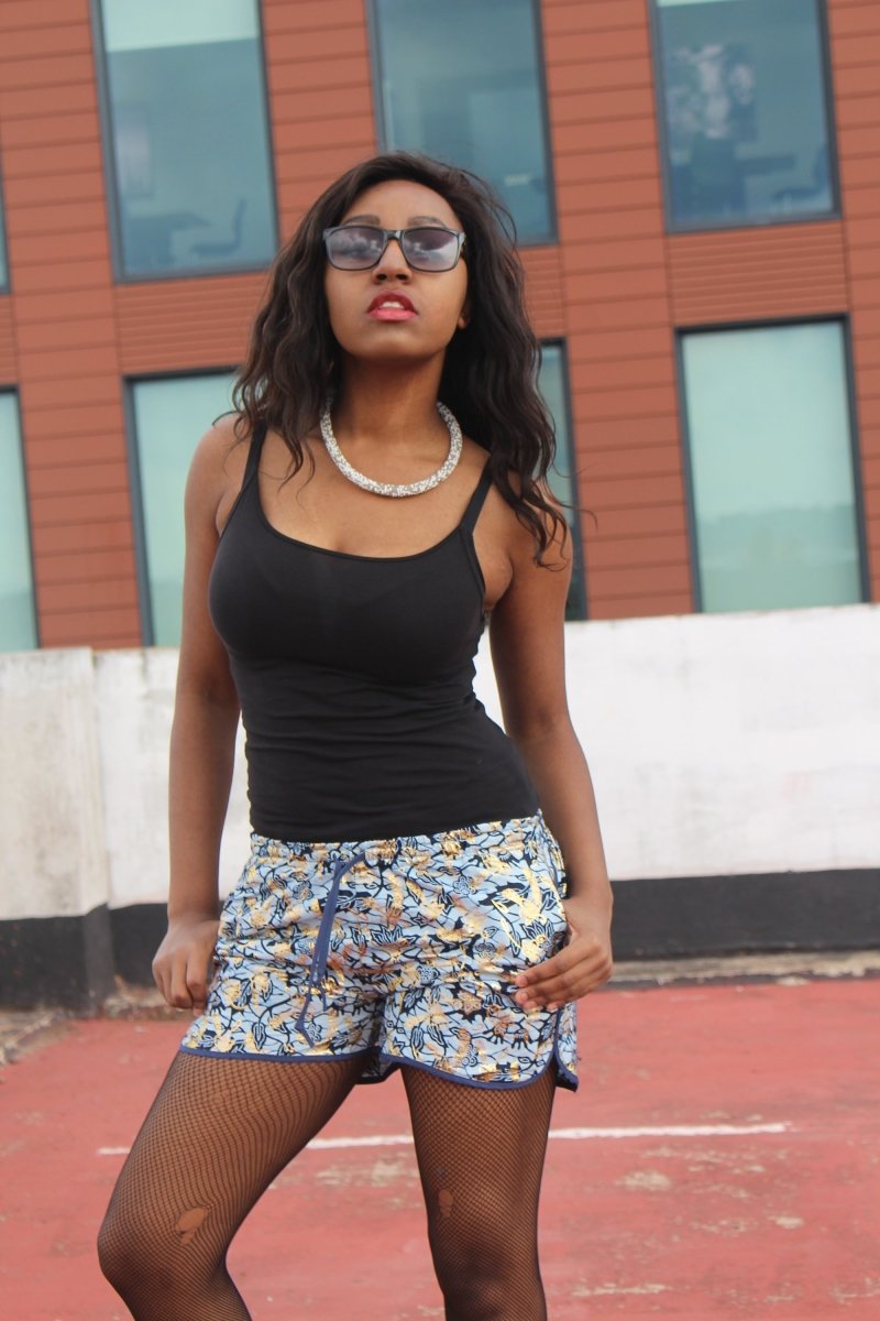 African Print Shorts in Blue Gold Ankara Print - Festival Shorts - Continent Clothing 