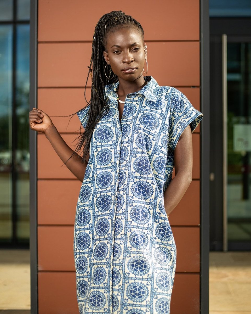 African Shirt Dress In Beautiful Blue Print - Continent Clothing