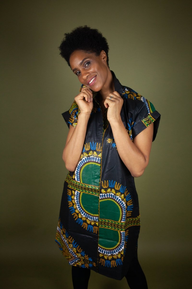 African Shirt Dress in Black Dashiki - Continent Clothing