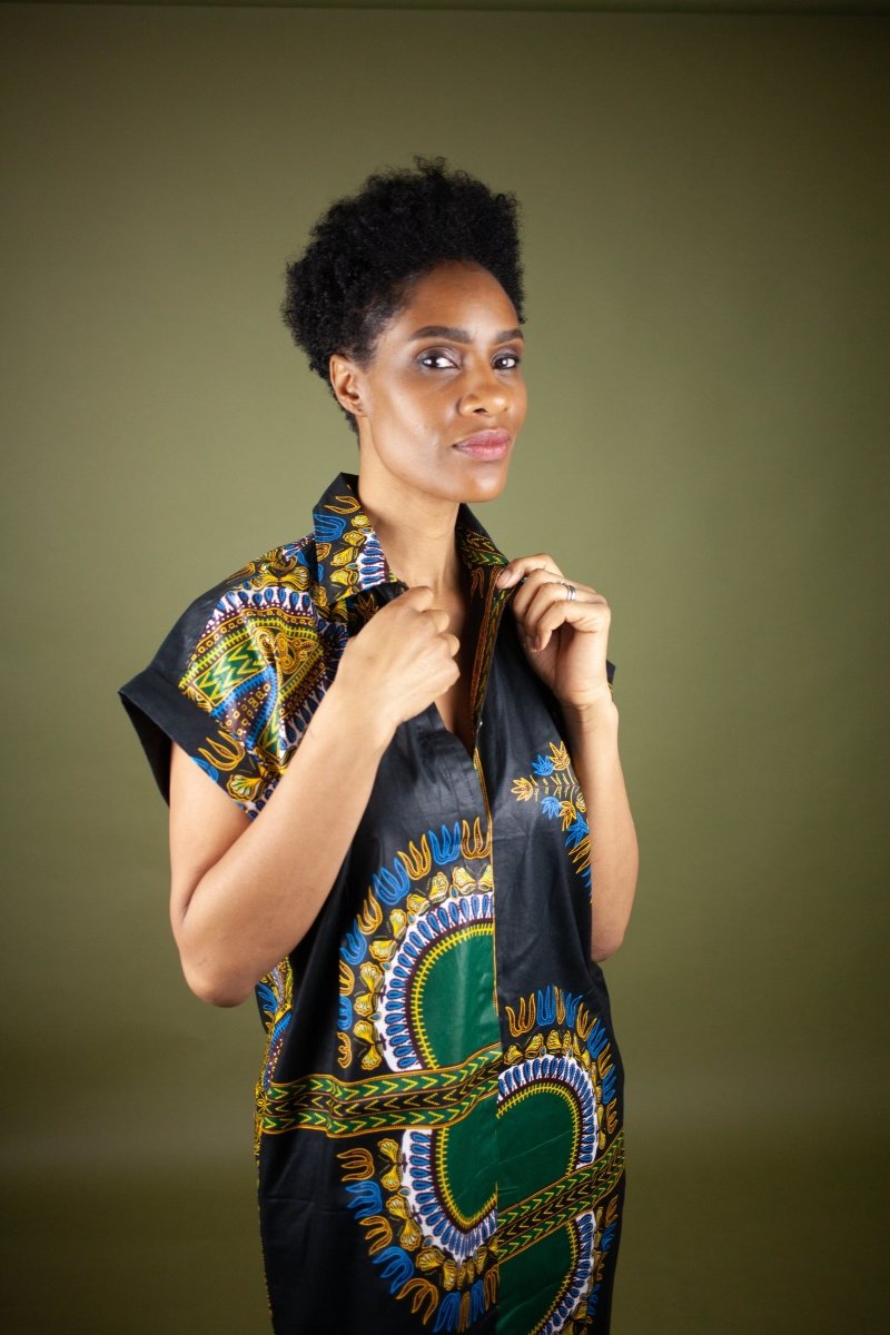 African Shirt Dress in Black Dashiki - Continent Clothing