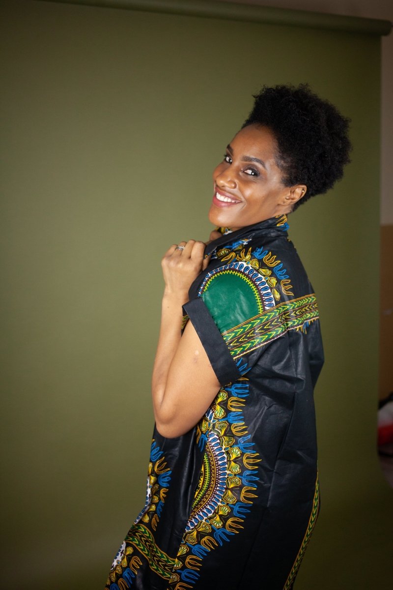 African Shirt Dress in Black Dashiki - Continent Clothing