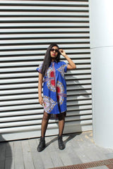 African Shirt Dress in Blue Dashiki Print - Festival Dress - Continent Clothing
