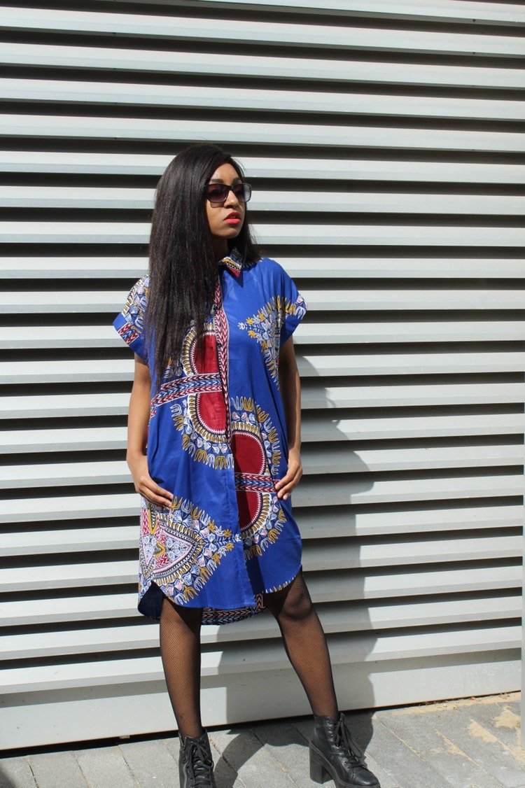 African Shirt Dress in Blue Dashiki Print - Festival Dress - Continent Clothing