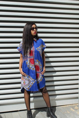 African Shirt Dress in Blue Dashiki Print - Festival Dress - Continent Clothing