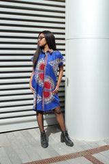 African Shirt Dress in Blue Dashiki Print - Festival Dress - Continent Clothing