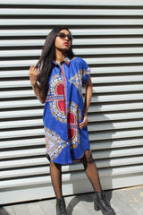African Shirt Dress in Blue Dashiki Print - Festival Dress - Continent Clothing