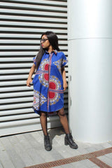 African Shirt Dress in Blue Dashiki Print - Festival Dress - Continent Clothing