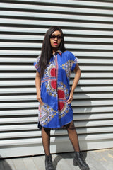 African Shirt Dress in Blue Dashiki Print - Festival Dress - Continent Clothing
