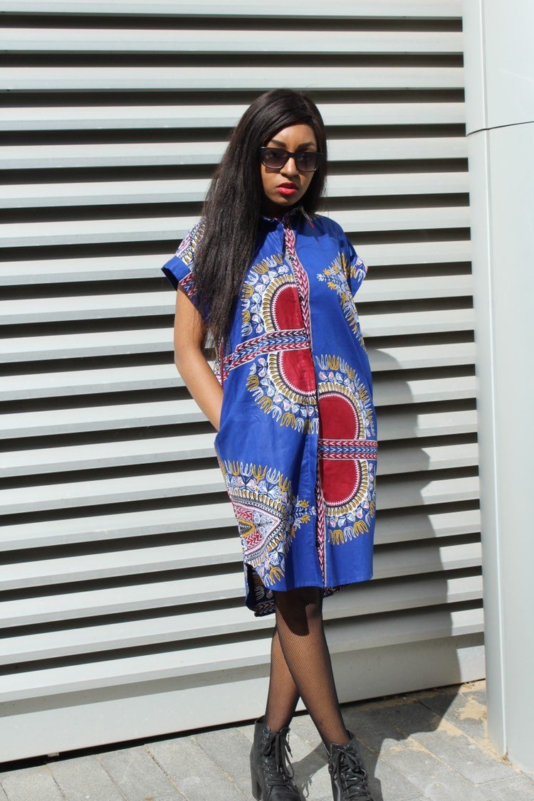 African Shirt Dress in Blue Dashiki Print - Festival Dress - Continent Clothing