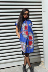 African Shirt Dress in Blue Dashiki Print - Festival Dress - Continent Clothing