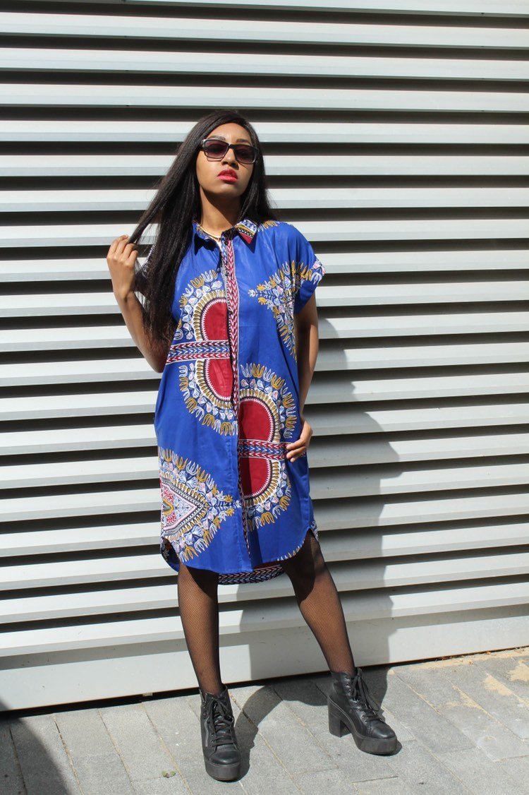 African Shirt Dress in Blue Dashiki Print - Festival Dress - Continent Clothing