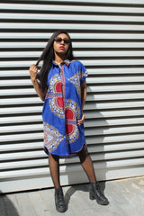 African Shirt Dress in Blue Dashiki Print - Festival Dress - Continent Clothing