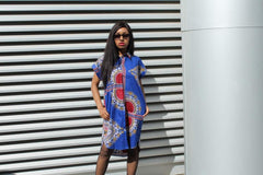 African Shirt Dress in Blue Dashiki Print - Festival Dress - Continent Clothing