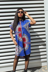 African Shirt Dress in Blue Dashiki Print - Festival Dress - Continent Clothing