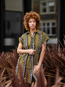 African Shirt Dress In Earthy Mud Cloth