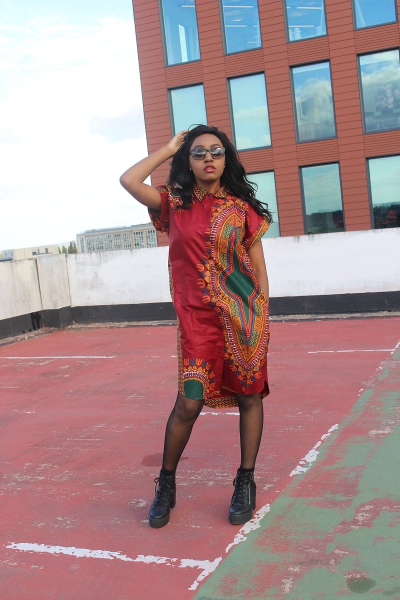 African Shirt Dress in Red Dashiki - Continent Clothing