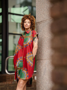 Abito azteco, abito camicia africana con stampa Dashiki rossa - Abito da festa