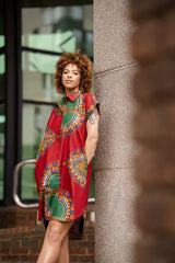 African Shirt Dress in Red Dashiki - Continent Clothing