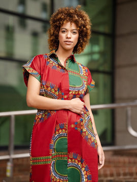 Abito azteco, abito camicia africana con stampa Dashiki rossa - Abito da festa