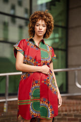 African Shirt Dress in Red Dashiki - Continent Clothing
