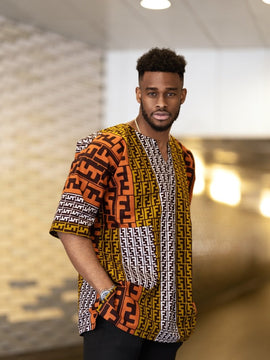 Maglietta di stampa africana in blu e giallo Ankara