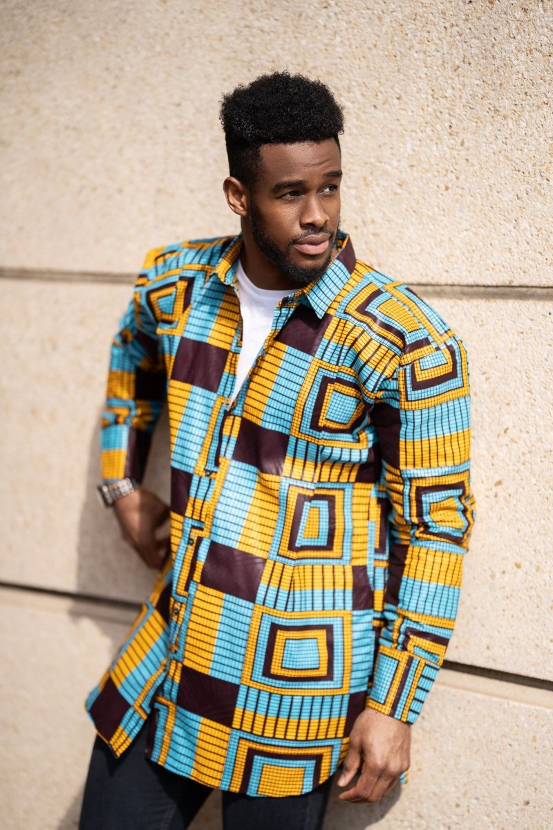 African Shirt In Electric Blue Kente - The Continent Clothing