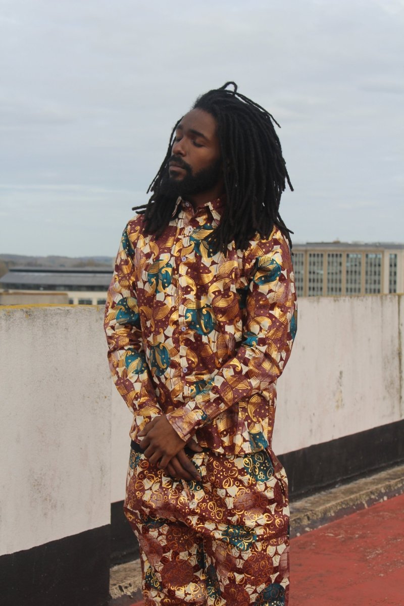 African Shirt in Gold Red Ankara Print - Festival Clothing - Continent Clothing