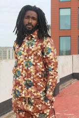 African Shirt in Gold Red Ankara Print - Festival Clothing - Continent Clothing