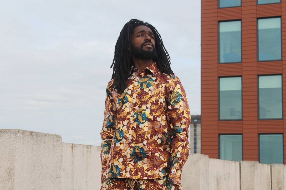 African Shirt in Gold Red Ankara Print - Festival Clothing - Continent Clothing