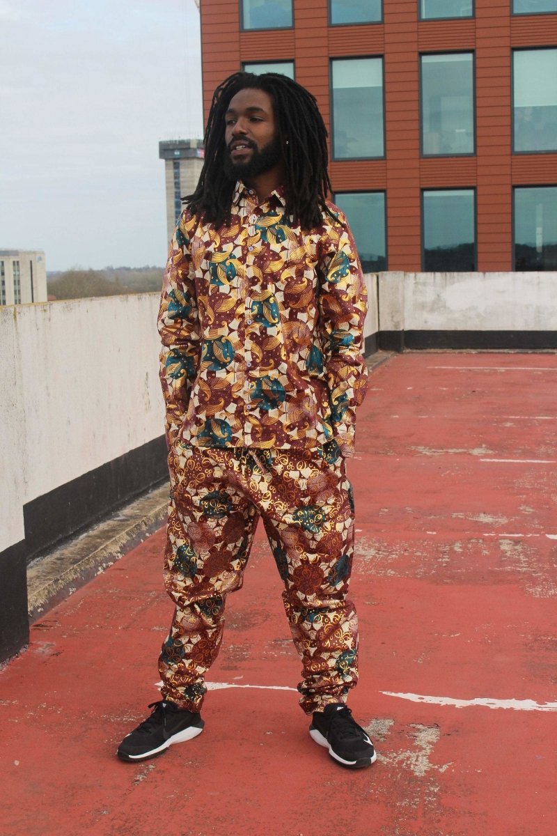 African Shirt in Gold Red Ankara Print - Festival Clothing - Continent Clothing