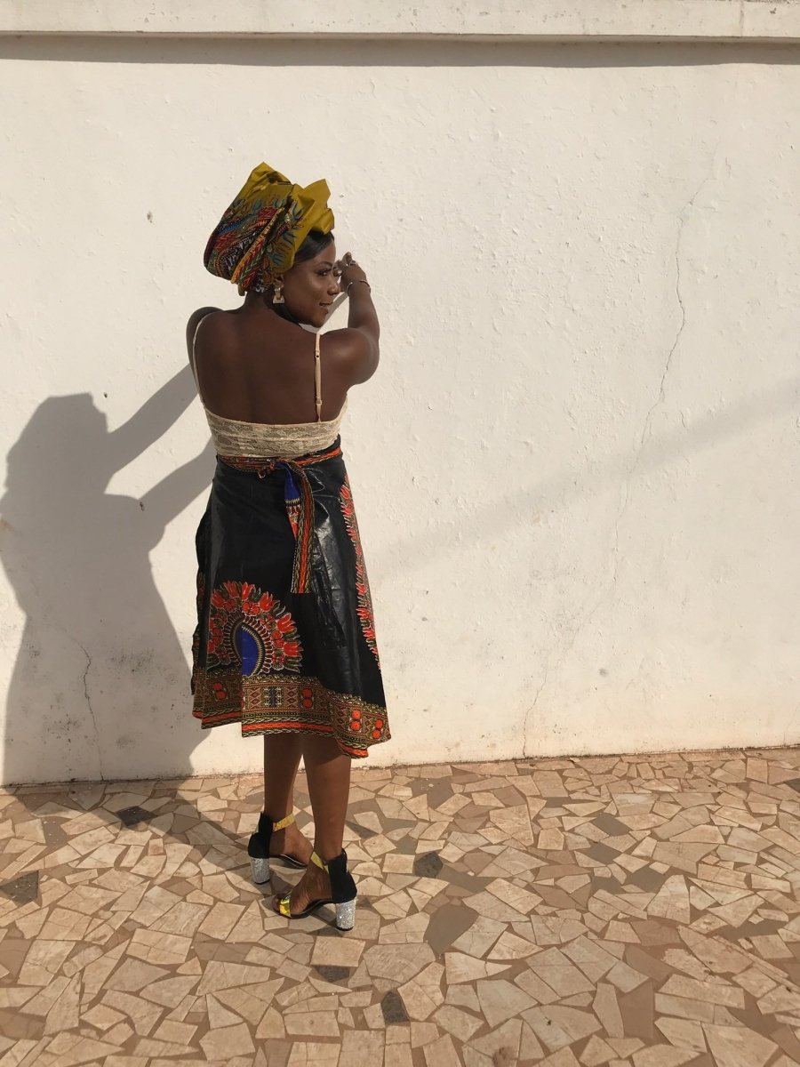 African Skirt, Wrap Skirt in Black Dashiki Print - Beach Skirt - Continent Clothing