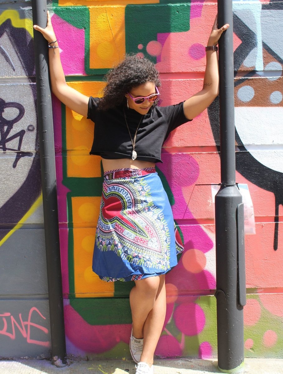 African Skirt, Wrap Skirt in Blue Dashiki Print - Beach Skirt - Continent Clothing