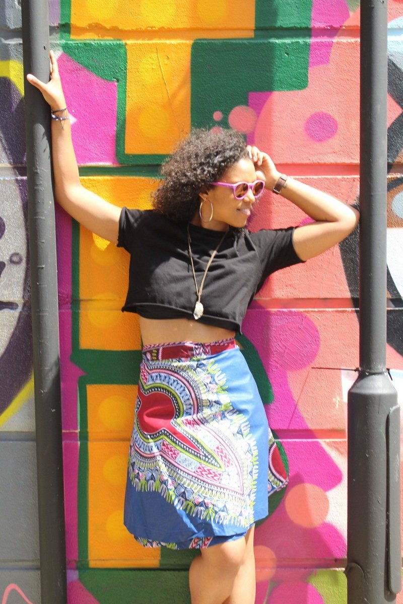 African Skirt, Wrap Skirt in Blue Dashiki Print - Beach Skirt - Continent Clothing