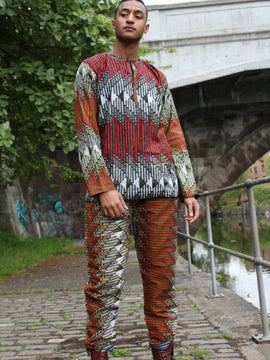African Suit in Orange Red Print - Aztec Festival Outfit