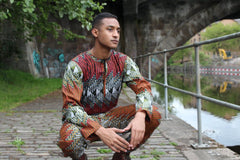 African Suit in Orange Red Print - Aztec Festival Outfit - Continent Clothing