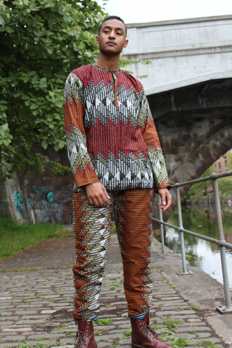 African Suit in Orange Red Print - Aztec Festival Outfit - Continent Clothing