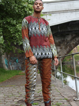African Suit in Orange Red Print - Aztec Festival Outfit