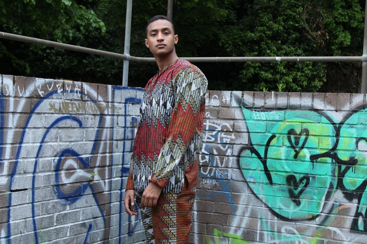 African Suit in Orange Red Print - Aztec Festival Outfit - Continent Clothing