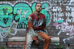 African Suit in Orange Red Print - Aztec Festival Outfit - Continent Clothing