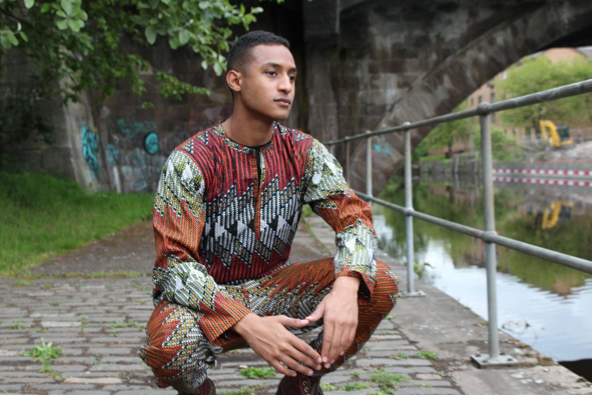 African Suit in Orange Red Print - Aztec Festival Outfit - Continent Clothing